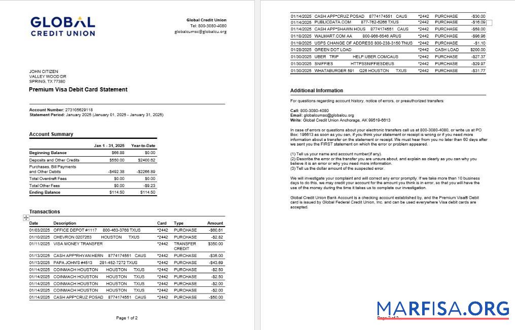 Realistic USA Alaska Global Credit Union bank statement word 2 pages download for verification